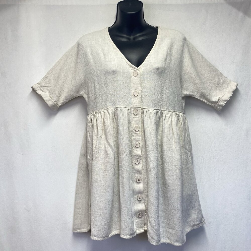 Urban Outfitters Linen Oversized V-Neck Button-Down Frock Dress Women XS Cream